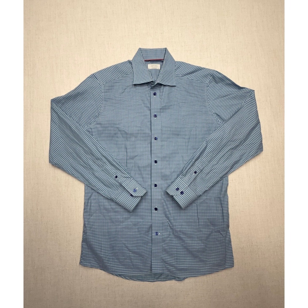 Eton Contemporary Fit Dress Shirt Blue Green Micro Check Plaid 16.5 42 Mens